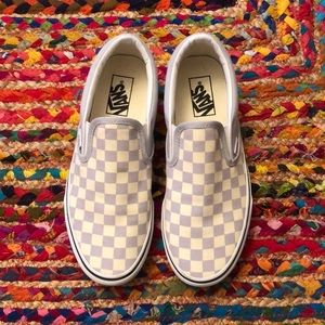 Classic Vans slip-on checkerboard sneakers - cream and light gray. Sz 9.5